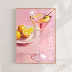 a painting of a martini glass with lemons on the side and a plate next to it