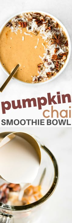 pumpkin chai smoothie bowl with whipped cream and cinnamon sprinkles