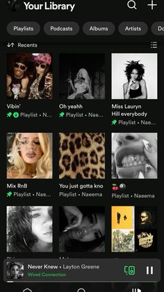 the music player on an iphone screen with various pictures and words in black and white