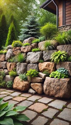 a stone retaining wall with plants and rocks on the side, along with other landscaping items