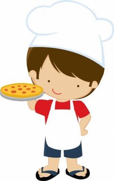 a boy in an apron holding a pizza on a platter with one hand and the other