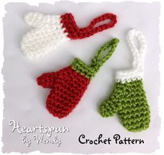 three crocheted christmas stockings and mittens on white background with text that reads heartspun by wendy