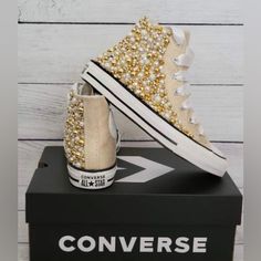 Girls Custom Golden Delight Converse Size 4 Bejeweled Sneakers, Bedazzle Shoes, Converse Shoes Girls, Blinged Shoes, Red Hightop Converse, Painting Converse, Bedazzled Sneakers, Bling Converse Shoes, Decorated Converse