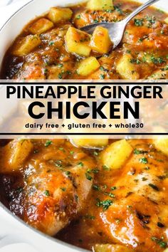 pineapple ginger chicken in a white bowl with text overlay that reads pineapple ginger chicken dairy free and gluen free whole