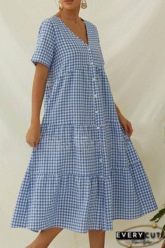 Paneled Plaid Print Buttons Down V-neck Casual Midi Dress V-neck Sundress For Picnic, V-neck Maxi Dress For Daytime, Summer V-neck Maxi Dress For Picnic, Summer V-neck Picnic Dress, Summer V-neck Dress For Picnic, Summer V-neck Dress For Picnics, Casual V-neck Dress For Picnic, Spring V-neck Midi Dress For Picnic, V-neck Midi Dress For Spring Picnic