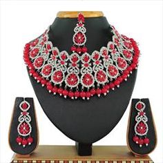 Gold Rodium Polish Red and Maroon color Necklace in Metal Alloy studded with CZ Diamond, Pearl Maroon Necklace, Violet Necklace, White Pearl Jewelry, Costume Jewelry Sets, Color Necklace, Metal Necklace, Maroon Color, Design Silver, Cz Diamond