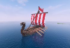 an image of a pirate ship floating in the middle of the ocean with red and white stripes on it