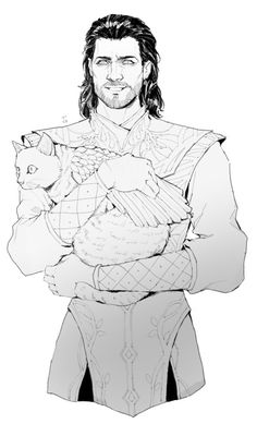 a black and white drawing of a man with long hair holding a cat in his arms