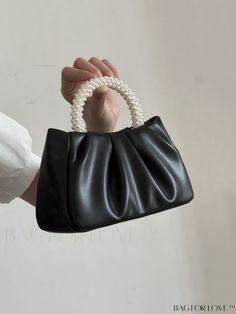 BagForLove - Cloud-shaped Faux Pearl Handbag with Pleated Detail Black Handheld Bag With Pearl Handle, Black Handheld Bags With Pearl Handle, Faux Leather Clutch Bag For Shopping, Faux Leather Clutch For Shopping, Trendy Black Bags With Pearl Handle, Leather Shoulder Bag With Pearl Handle, Black Top Handle Bag With Pearl Handle, Chic Black Bag With Pearl Handle, Pearl Handbag