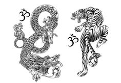 two dragon and tiger tattoo designs on white paper