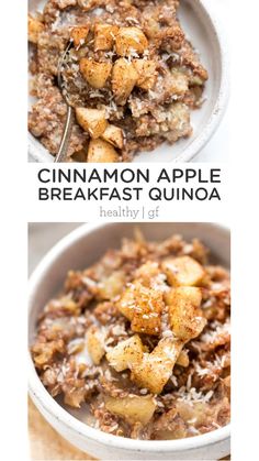 cinnamon apple breakfast quinoa in a white bowl with a spoon and the recipe below it