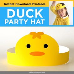 the duck party hat is yellow and has an orange bow on it's head