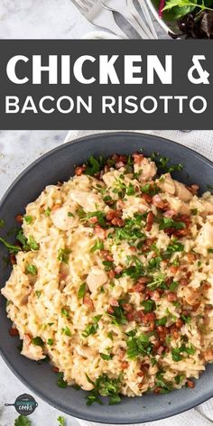 chicken and bacon risotto in a bowl with parsley garnish on top