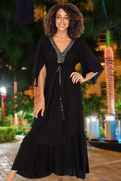 Cape sleeves flow down past the elbow. A gold beaded tassel at the front accents the comfortable elasticized empire waist, which creates a slimming effect. Dresses Casual Boho, Casual Maxi Dress, Boho Dresses Long, Summer Sundress, Cape Sleeves, Flowy Maxi Dress, Maxi Dresses Casual, Boho Casual, Long Maxi