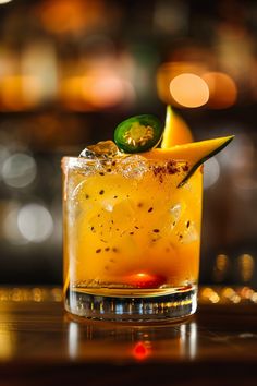 a close up of a drink in a glass on a table