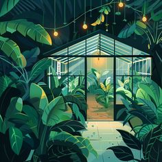 an illustration of a house in the jungle with lights hanging from it's roof