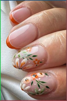 #FloralNails #PastelNails #3DNailArt #TropicalFloral #MinimalistNails #VintageFloral #FloralFrenchTips #GardenNails #TransparentNails #GoldFloral Peach Flower Nails, Pink Orange Flower Nails, Small Flower Nail Art, Short Flower Nail Designs, Autumn Flower Nails, Floral Tip Nails, Fall Floral Nail Designs, Autumn Floral Nails, Pink And Orange Flower Nails