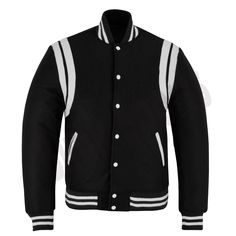 Varsity Letterman Baseball BLACK Wool With White Double Leather Strip Jacket If your required Size & Color Combination is not listed then please contact with us We will respond you as soon as possible the estimated time is 12 Hours, All Sizes & Color Combinations are Available. The quality of the varsity jacket is the finest in the field. 100% high quality Wool. A fine quilt lining with Wool trimmed inside pocket are all part of the complete package. Each varsity jacket design is faithfully cust Black Fitted Long Sleeve Varsity Jacket, Fitted Black Outerwear For College, Black Varsity Jacket For Winter, Black Varsity Long Sleeve Sport Coat, Fitted Black Varsity Jacket, Black Fitted Varsity Jacket, Black Long Sleeve Varsity Sport Coat, Winter Varsity Jacket With Baseball Collar, Classic Black Varsity Jacket With Padded Collar