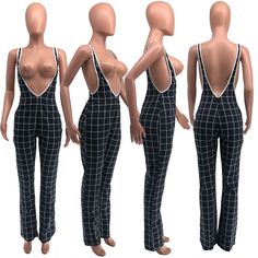 Checked Printed High Waist Micro Bell Bottom Pants Chic Stretch Overalls, Black Stretch Overalls, Black Stretch Overall Bottoms, Black Spring Overalls, Black Overalls For Spring, Plaid Jumpsuit, Bell Bottom Pants, Bell Bottom, Fabric Names