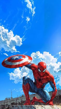 the spider - man is posing with his arms outstretched in front of blue sky and clouds