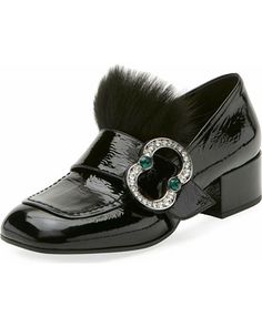 Prada Patent Embellished 35mm Loafer, Black MSRP: $990.00 Size 40 Prada patent leather loafer with dyed sheep shearling (Italy) trim. 1.4" covered block heel. Square toe. Embellished strap at vamp. Slip-on style. Smooth outsole. Made in Italy. Fit: Runs true to size. Marcus Black, Shoes Prada, Patent Leather Loafers, Footwear Design Women, Prada Shoes, Fall Shoes, Gucci Mules, Black Pumps, Leather Loafers