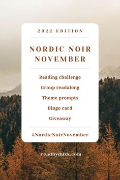 the cover of nordic noir november reading challenge, with trees in the background and text overlay