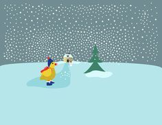 a cartoon character standing in the snow with a bird on his shoulder and a house behind him