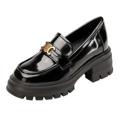 Olivia Mark - Black Thick-soled Loafers with a Retro Design and Increased Internal Height Height Increase, Super High Heels, Pig Skin, Suede Heels, Olivia Mark, Retro Design, High Heel, Black Shoes, Cow