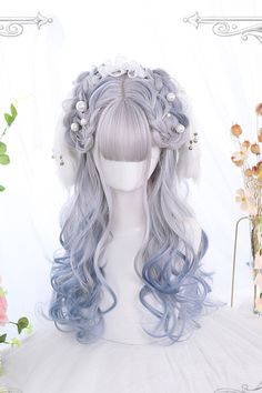 SKU: LIN00333 Fabric:High Temperature Wire Style types: Sweet Lolita Season: Spring, Summer, Autumn, Winter Notice: Any of the accessory is not included. Wig Length: 55-60CM. Lolíta Wig, Cute Wigs, White Blue Hair, Harajuku Wigs, Pastel Wig, Cool Hair Designs, Kawaii Wigs, Style Types, Dyed Hair Inspiration