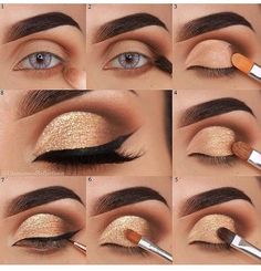 Eye Makeup Glitter, Gold Eye Makeup Tutorial, Teknik Makeup, Gold Eye Makeup, Makeup Tutorial Eyeshadow, Smink Inspiration, Pinterest Makeup