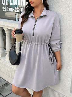 Women Plus Size Hooded Sweatshirt Dress Long Casual Hoodies With Cinched Waist Dusty Purple Casual  Wrist-Length Sleeve Knitted Fabric Plain Dress Slight Stretch  Women Plus Clothing, size features are:Bust: ,Length: ,Sleeve Length: Grey Colour Suit, Hooded Sweatshirt Dress, Spring Dresses Casual, Color Violeta, Plain Dress, Dusty Purple, Long Dress Casual, Women Plus Size, Casual Hoodie