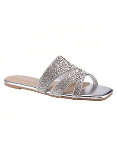 Silver  Collar     Embellished   Women Shoes Summer Silver Sandals With Rhinestones, Silver Sandals With Rhinestones For Summer, Silver Rhinestone Sandals For Summer, Glamorous Sandals For Vacation In Spring, Glamorous Glitter Sandals For Summer, Closed Toe Synthetic Sandals With Rhinestones, Synthetic Closed Toe Sandals With Rhinestones, Flat Rhinestone Sandals For Summer, Summer Party Slide Sandals