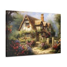 a painting of a cottage with flowers surrounding it