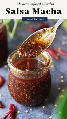 a spoon full of salsa sauce with the words mexican inspired salsa in front of it