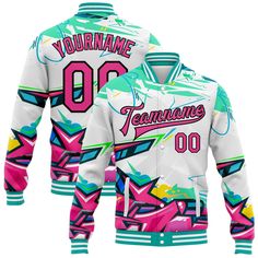 a white jacket with pink, blue and green designs on the front that says your name