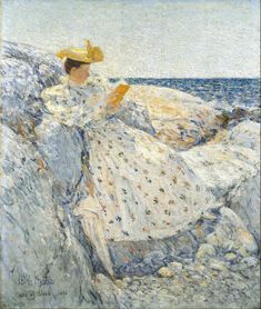 a painting of a woman sitting on top of a rock next to the ocean with a book in her hand