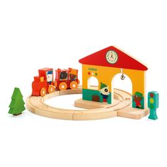 a wooden toy train set with thomas the tank engine