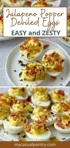 deviled eggs are stuffed with cheese and other toppings for an easy appetizer