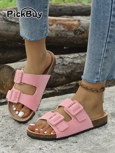 Sandalias casuales con suela gruesa, antideslizantes y ligeras, estilo para verano y resort de playa, para damas Rosa De moda   Poliuretano Liso    Women Shoes, size features are:Bust: ,Length: ,Sleeve Length: Casual Summer Flats, Cork Sandals, Trendy Sandals, Casual Flat Shoes, Casual Slippers, Buckle Sandals, Slides Shoes, Casual Flats, Beach Sandals