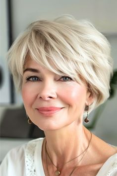 Voluminous Layered Pixie Hairstyle on smiling older woman with blonde hair. Platinum Blonde Hair Short Older Women, Middle Aged Woman Short Hair, Elder Woman Haircut, Old Haircuts Woman, Women’s Layered Bob, Haircuts Trending, Graduated Bob Haircuts