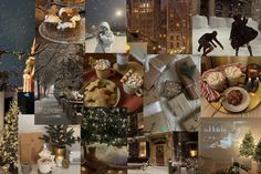 a collage of photos with christmas decorations and food in the foreground is a snow covered cityscape