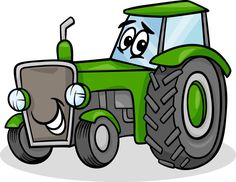 a cartoon green tractor with big wheels and smiling face on the front wheel, facing forward