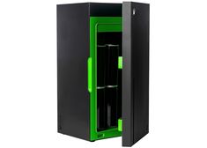 an open black and green cabinet on a white background