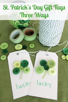 st patrick's day gift tags with green buttons and twine spools