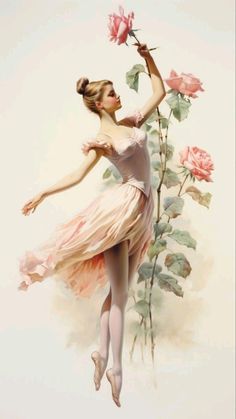 a painting of a ballerina holding a rose in one hand and reaching for it