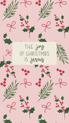 the joy of christmas is jesus written on a pink background with holly leaves and berries