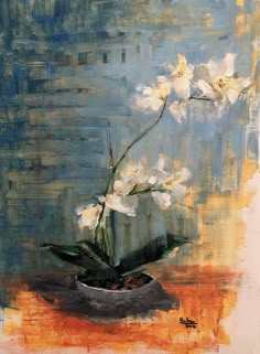 a painting of white flowers in a vase