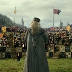 a wizard standing in front of a large crowd