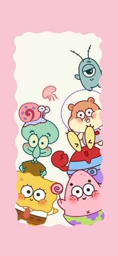 an image of some cartoon characters on a pink background