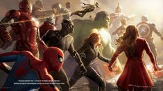 an image of the avengers movie scene with many superheros and their names in english